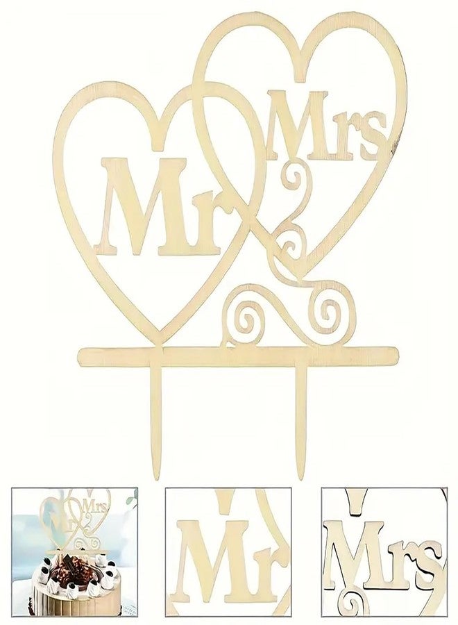 Cliths Wooden Mr & Mrs Cake Topper for Wedding Engagement Double Heart Rustic Wood Cake Decoration Bride Groom Party Supplies Mr and Mrs Cake Topper for Anniversary, 5.31x5.24 Inch - Image 3